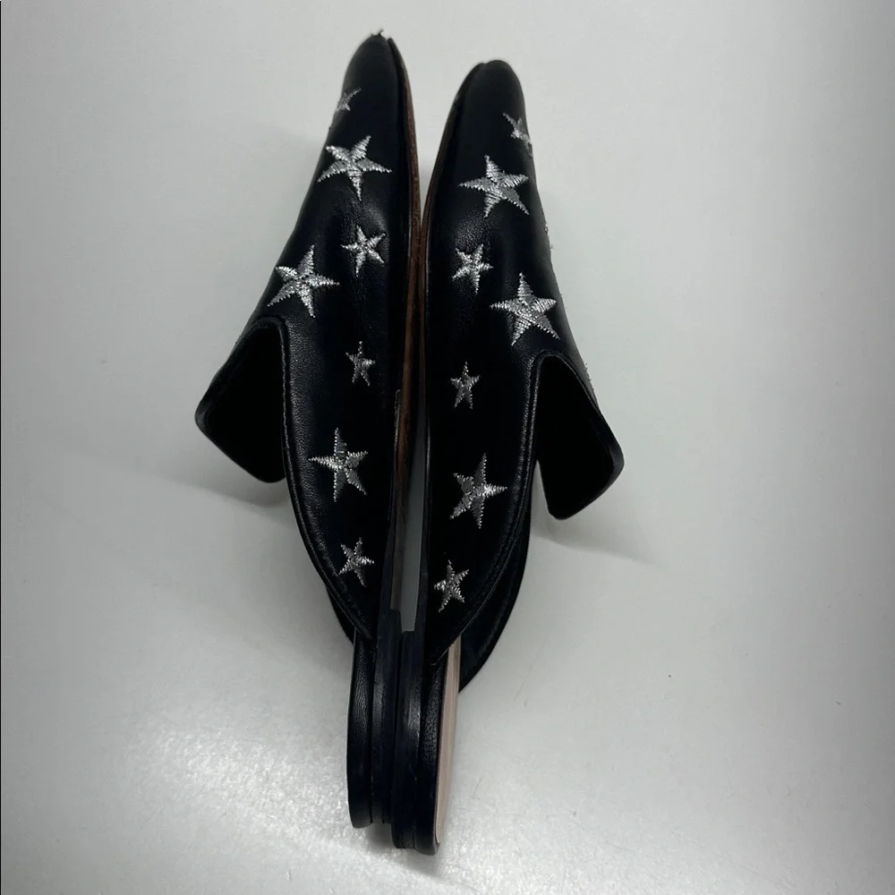 Kate Spade Mules Slides Leather Shoes Stars Embroidered Slip On Silver Black 6